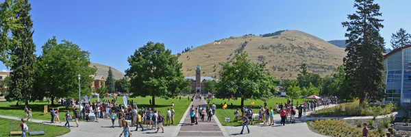 University Hall seen from the other side of the oval with lots of students walking around on a sunny day