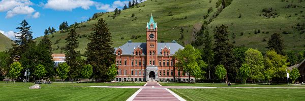 front of University Hall seen on a bright sunny from the oval