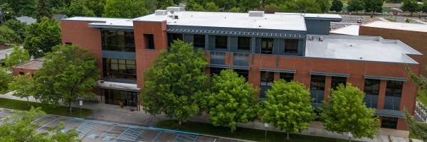 main entrance and building of the Alexander Blewett III School of Law seen from above