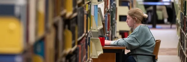 A UM student seated at a study desk between library bookshelves in the Mansfield Library on the University of Montana campus in Missoula, MT, using a laptop with a coffee cup nearby.