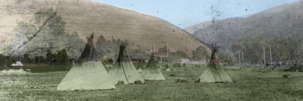 archival image of several tipis set up in Missoula overtop an image of how things look presently