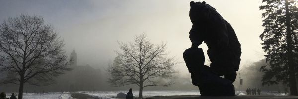 silhouette of the Grizzly statue on UM campus in the foreground on a foggy day with University Hall in the background