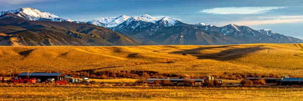 grassy hill in orange light with tall snowy mountains in the background