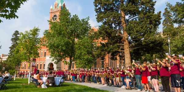 students in front of main hall