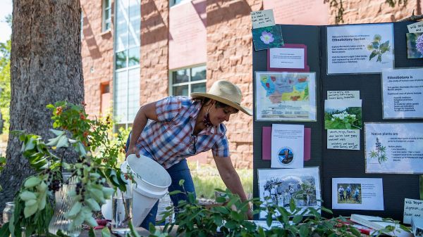 student leaning over to collect plants in front of a poster board of information