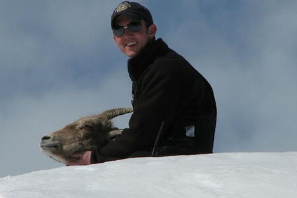 dan walsh holding head of a sleeping big horn sheep on snowy hilll