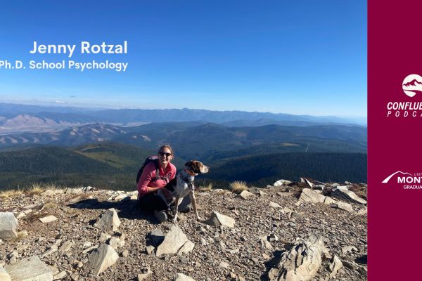 Jenny Rotzal and a dog on top of a mountain