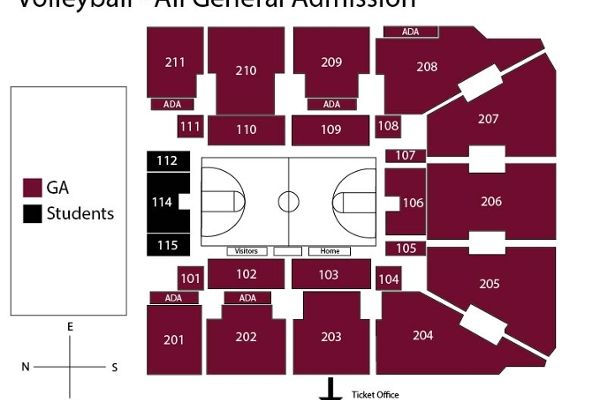 Dahlberg Arena at the Adams Center Volleyball Map - all general admission seating
