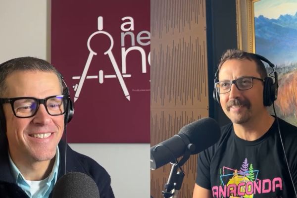 Justin Angle and Alex Metcalf recording a podcast