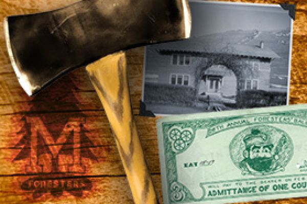 Collage image showing forestry logo, ax, photo of the old Forestry Shack, and ticket to the Foresters' Ball