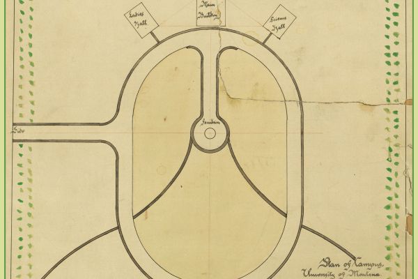 Frederick C. Scheuch's hand-drawn map of the University of Montana Campus created in 1895. Features the Oval, Ladies Hall, Main Building, and Science Building.