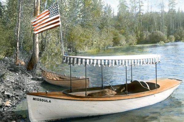 Morton J. Elrod photograph of a boat docked in Yellow Bay of Flathead Lake called the Missoula