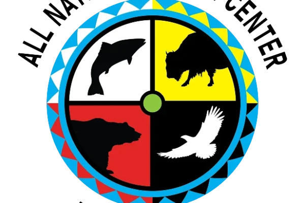 All Nations Health Center Logo: Medicine wheel design, four directions, four colors; red, white, yellow, black. 