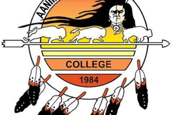 Aaniiih Nakoda College Logo of a native in the background and then 3 white buffalo running across on an arrow shaft