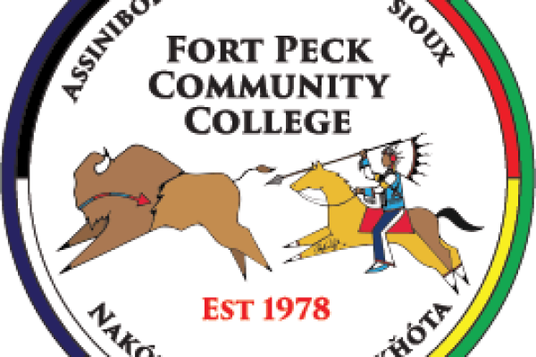 Fort Peck Community College logo of a hunter on horse back hunting a buffalo, inside a medicine wheel