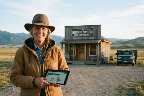 Rural woman business owner standing in front of store in the mountains and plains