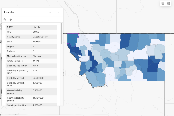 Map of Montana showing data dashboard on Disability Counts website
