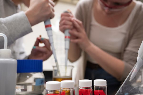 two students use pipettes in a beaker