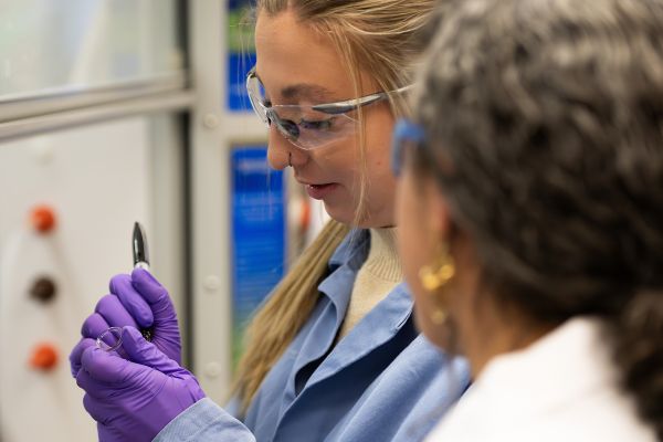 student labels a test tube with marker