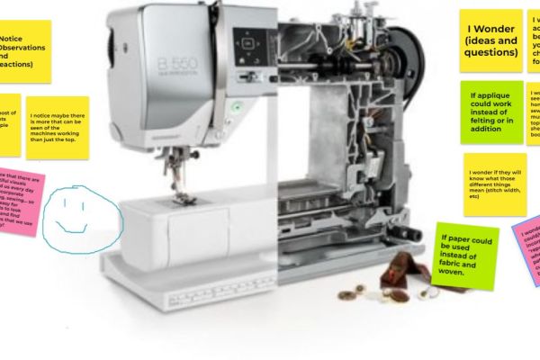Sample Google Jamboard with sticky notes and sewing machine image
