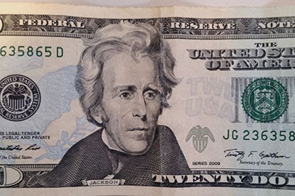 front of a twenty dollar bill