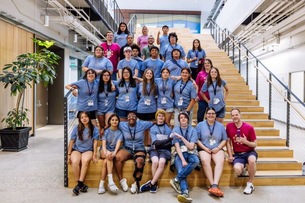 UB's 2025 Summer Academy group picture at the stairs in Norm Hall at MSU