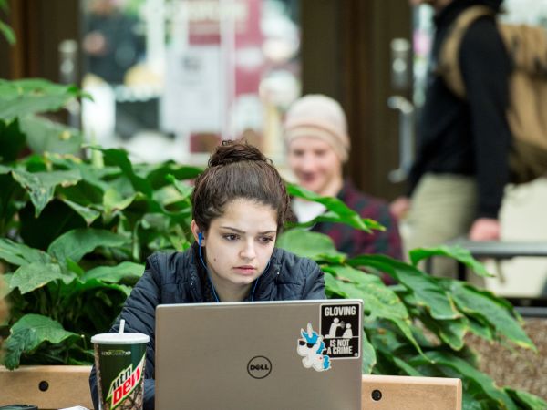 A student works on a laptop computer