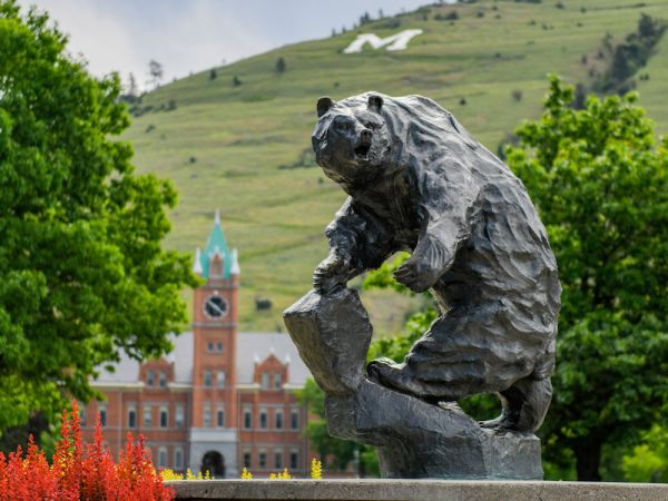 The Grizzly Bear Statue with Main Hall in the background