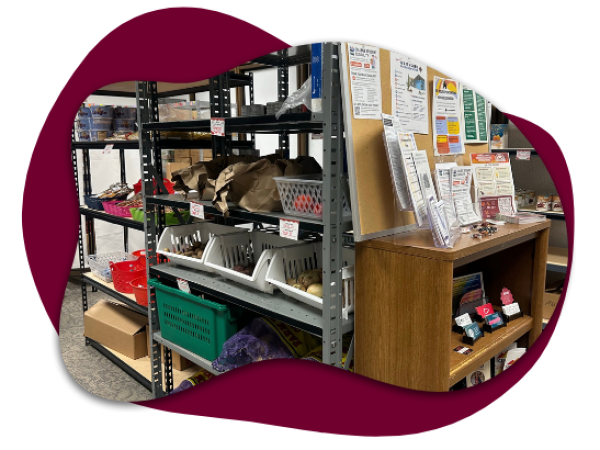 A picture of Food Pantry shelves showcasing donated vegetables, with a shelf to the right side of the image featuring printed resources like brochures and pamphlets