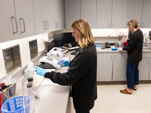 Two clinical laboratory scientists at Curry Health Center conduct tests using lab equipment, focusing on samples and diagnostic analysis.
