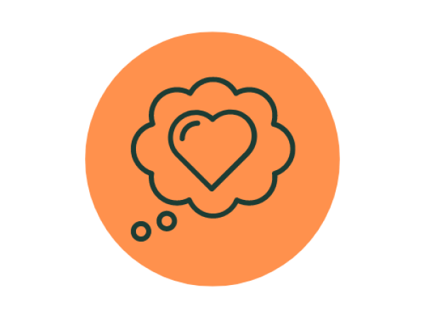 A simple, minimalistic icon set against an orange circular background. In the center of the circle is a black outline of a thought bubble. Inside the thought bubble is the outline of a heart. Two small dots near the lower-left edge of the bubble represent the trail of the thought bubble. The overall style is clean, modern, and uses thin black lines.
