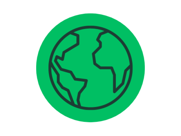 The image shows a simple, graphic-style icon of a globe centered on a white background. The globe appears as a solid green circle with darker green or black line outlines depicting continents. The visible land shapes resemble parts of North and South America on the left side and Africa and Europe on the right side. The design is flat and minimal, with no texture or shading, and is commonly used to represent Earth, the environment, or sustainability.