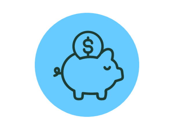 **Alt Text:** A simple blue circular icon featuring a piggy bank with a coin showing a dollar sign being inserted into the slot on its back.
