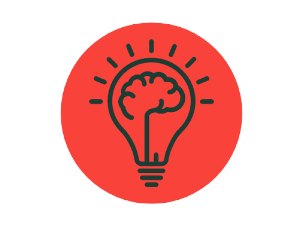 **Alt Text:** A red circular icon featuring a lightbulb outline with a brain inside it, symbolizing ideas, learning, or intellectual wellbeing.