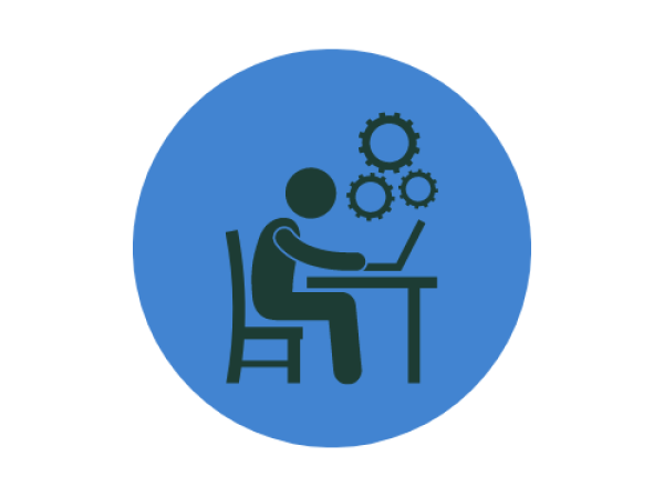 A blue circular background contains a dark green icon of a person seated at a desk, leaning slightly forward while using a laptop. Above the person are three interlocking gear symbols, representing work, productivity, or mental effort. The image suggests occupational wellness, work tasks, or professional activity.