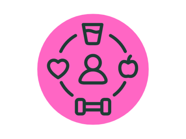 A bright pink circular background features a central icon of a person. Surrounding the figure in a ring are four dark green symbols: a heart, an apple, a glass of water, and a dumbbell. Together, the icons suggest physical health, wellness, and self-care.