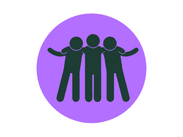 A circular purple background contains a simple, dark green icon of three human figures standing close together. The middle figure stands upright while the two figures on either side have one arm around the center figure’s shoulders, suggesting unity, support, or community.