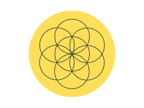 A yellow circular background contains a symmetrical, dark green geometric design made of overlapping circles. The pattern forms a flower-like shape with petal structures radiating from the center, often associated with concepts of balance, harmony, or spirituality.