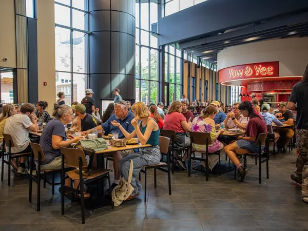 people eating at the lodge