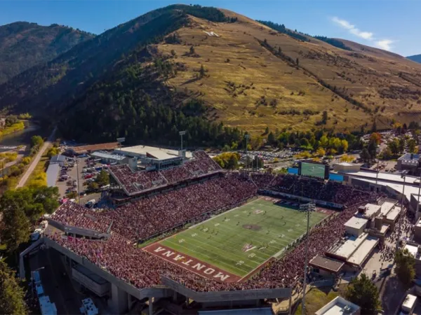 Aerial of Griz Stadium with Mount Sentinel