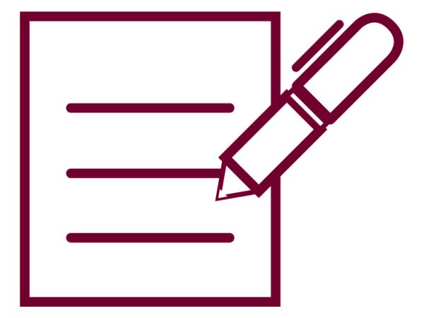 maroon and white icon of pen and paper
