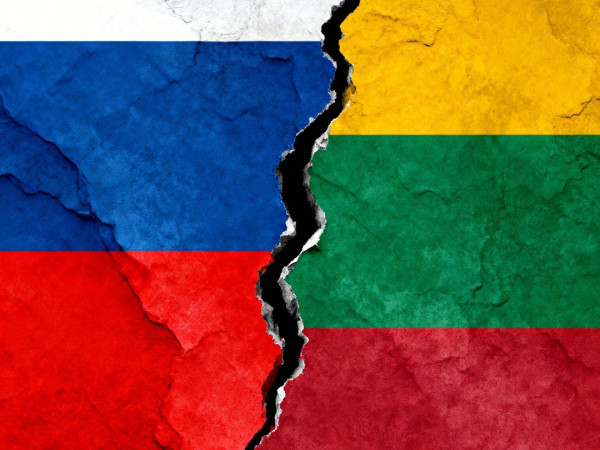Both the Russian flag and Lithuanian flag with a crack down the 
