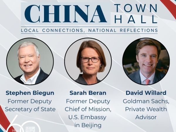 This is a banner regarding the china town hall that has 3 people in portraits. The portraits include Stephen Beigun, Sarah Beran, and David Willard