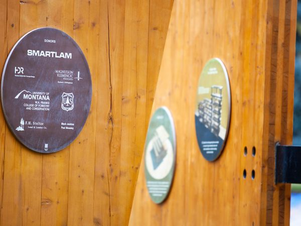 Smartlam sculpture stands near the Forestry Building on the University of Montana campus.