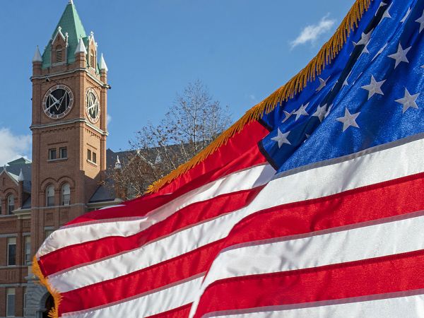 Photo of flag flying outside Main Hall