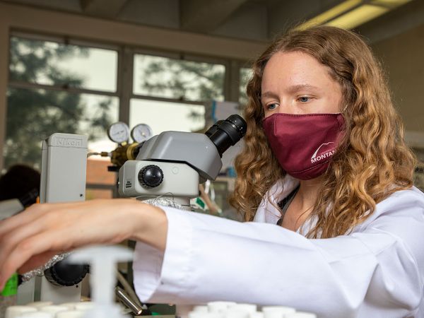 Lab technician Ashley Bielawski works with a microscope sporting a UM mask.