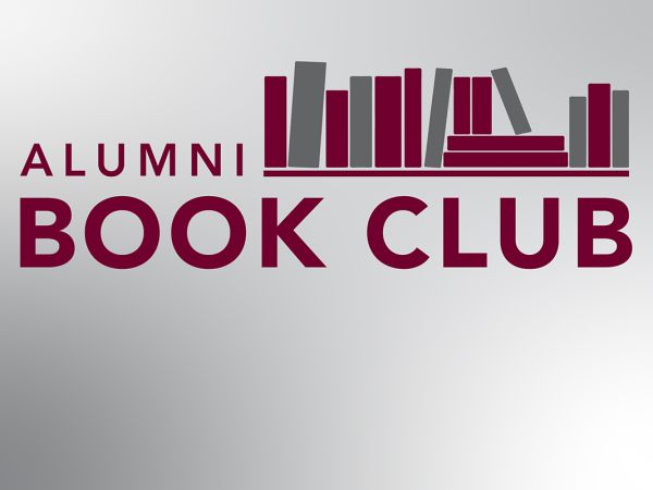This is a maroon and grey graphic with a pile of books on it that says Alumni Book Club 