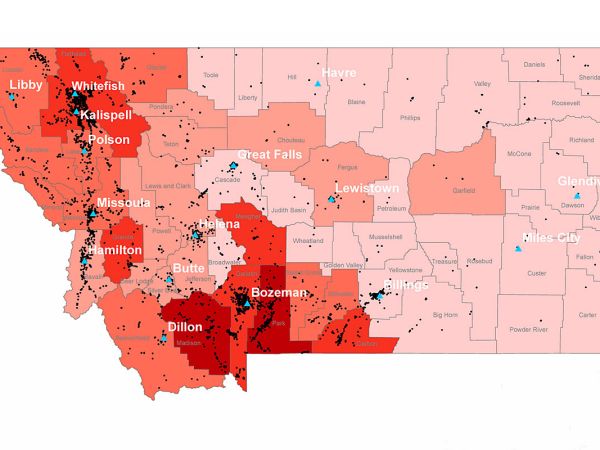 This graphic shows the distribution of short-term rentals across Montana. The greatest density is in western Montana.