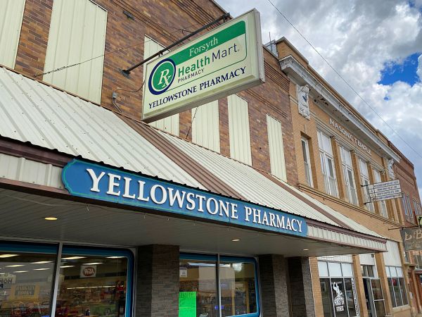 A picture of Yellowstone Pharmacy on Main Street in Forsyth, Montana.