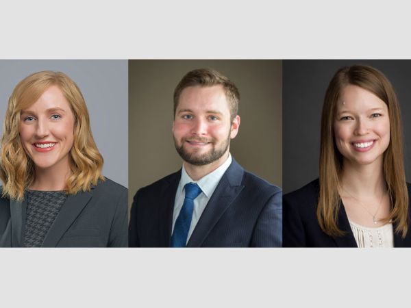 A picture of three new resident physicians: Dr. Taylor Simmons, a third-year resident, and second-year residents Dr. Bryce Roberts and Dr. Emilie McIntyre. 